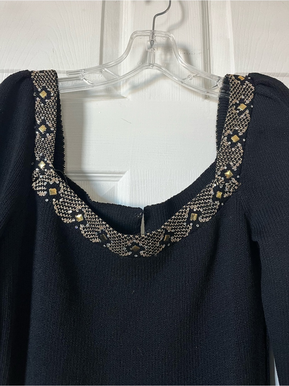 St. John Evening Black Long Sleeve Scoop Neck Dress with Metallic Bead Trim - Picture 4 of 7